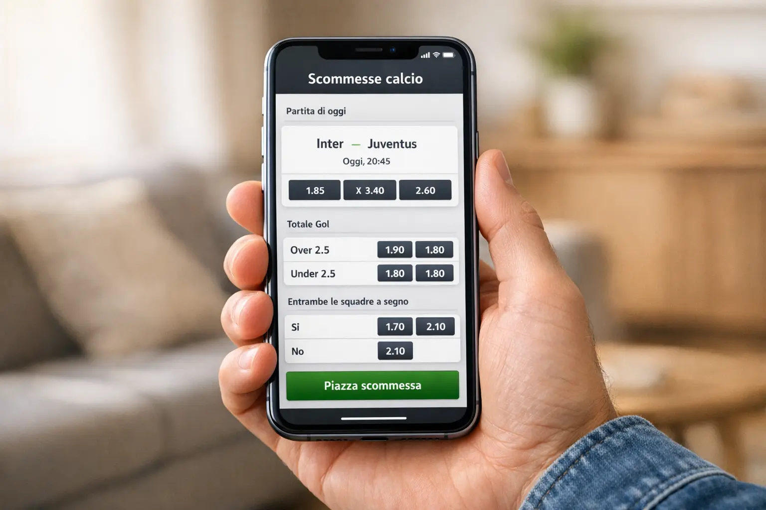 Mano che tiene uno smartphone con app di scommesse sportive aperta