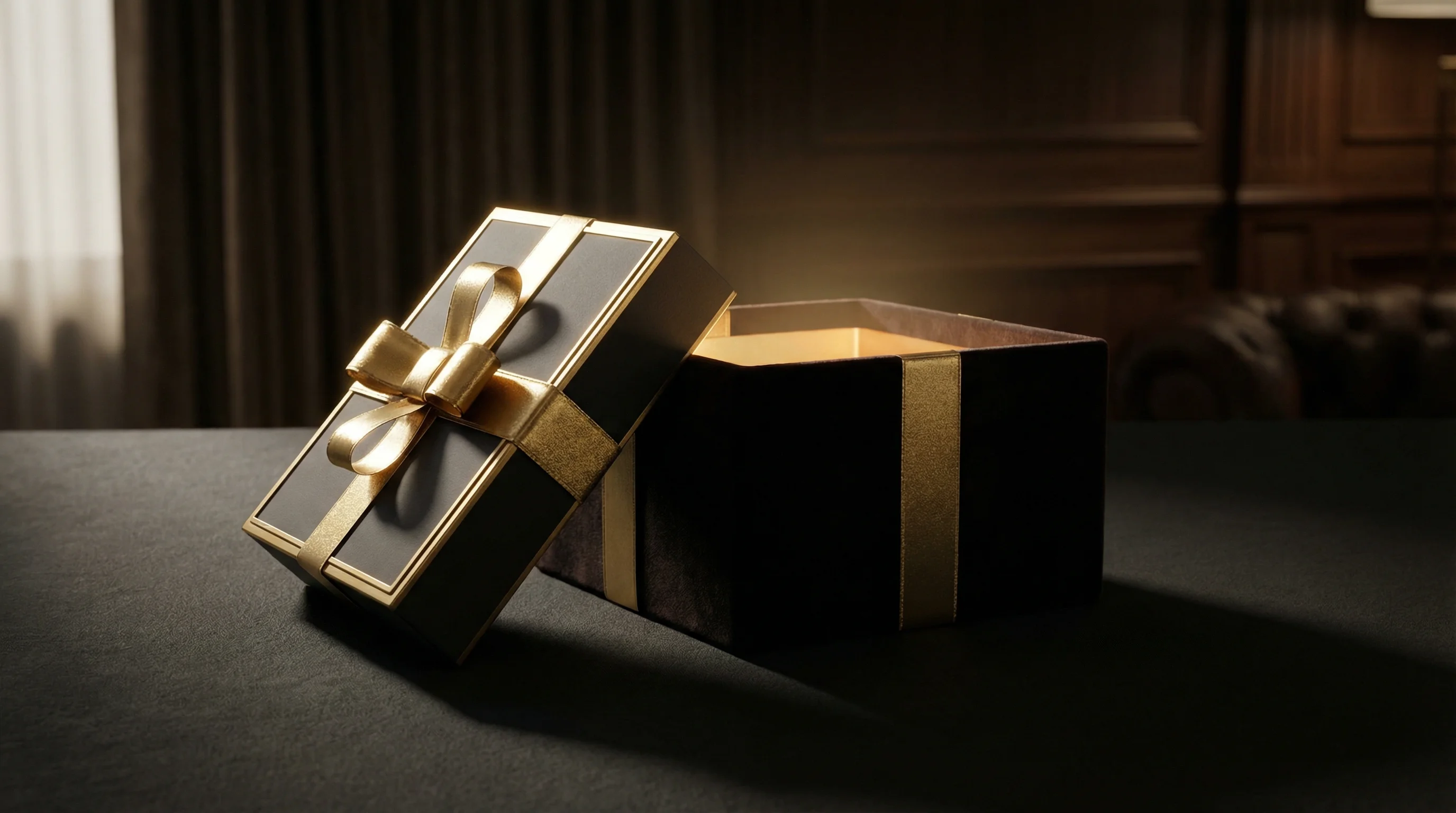 Pacco regalo aperto con nastro dorato su sfondo scuro elegante