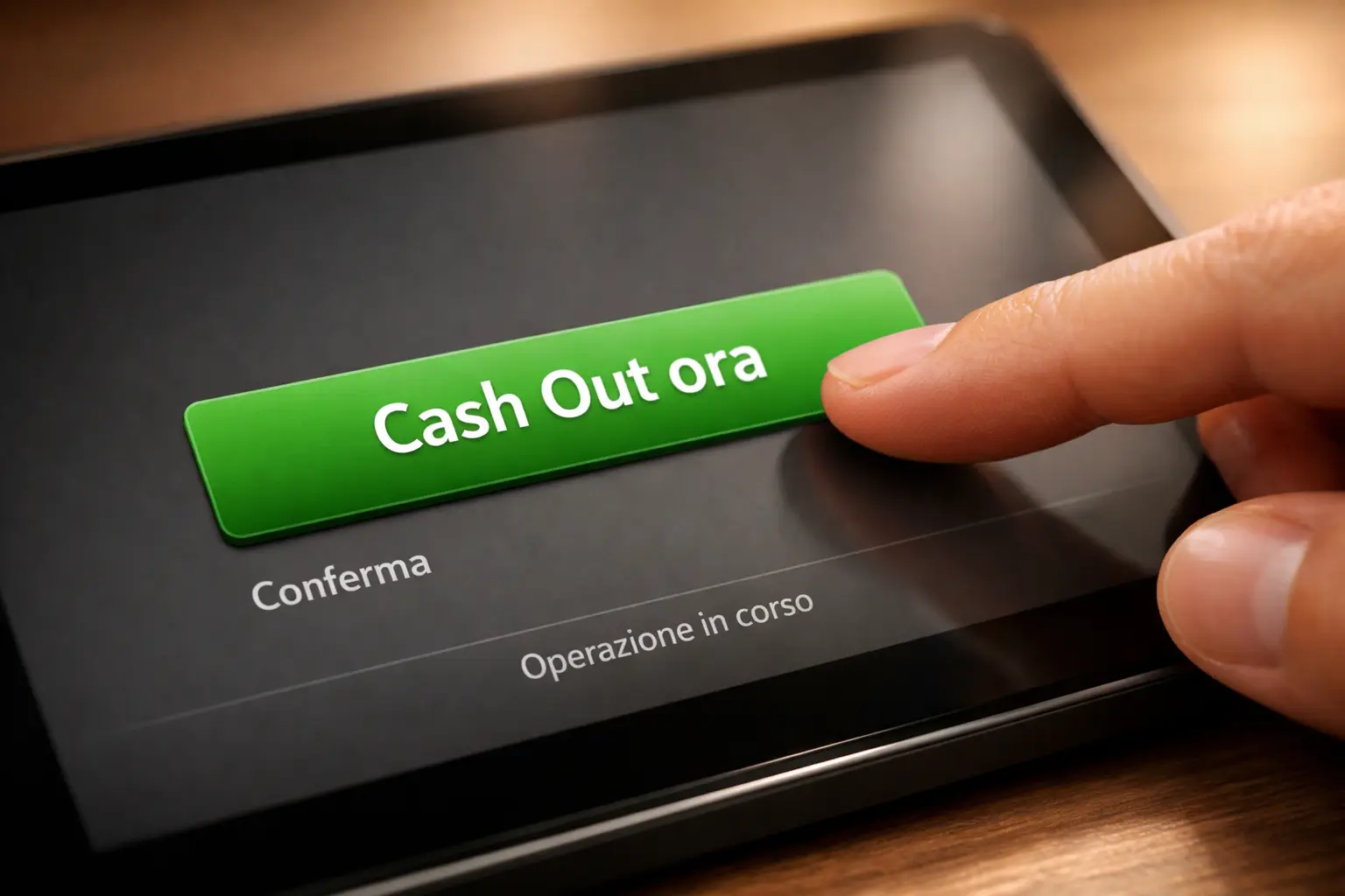 Mano che preme un pulsante verde su schermo touchscreen