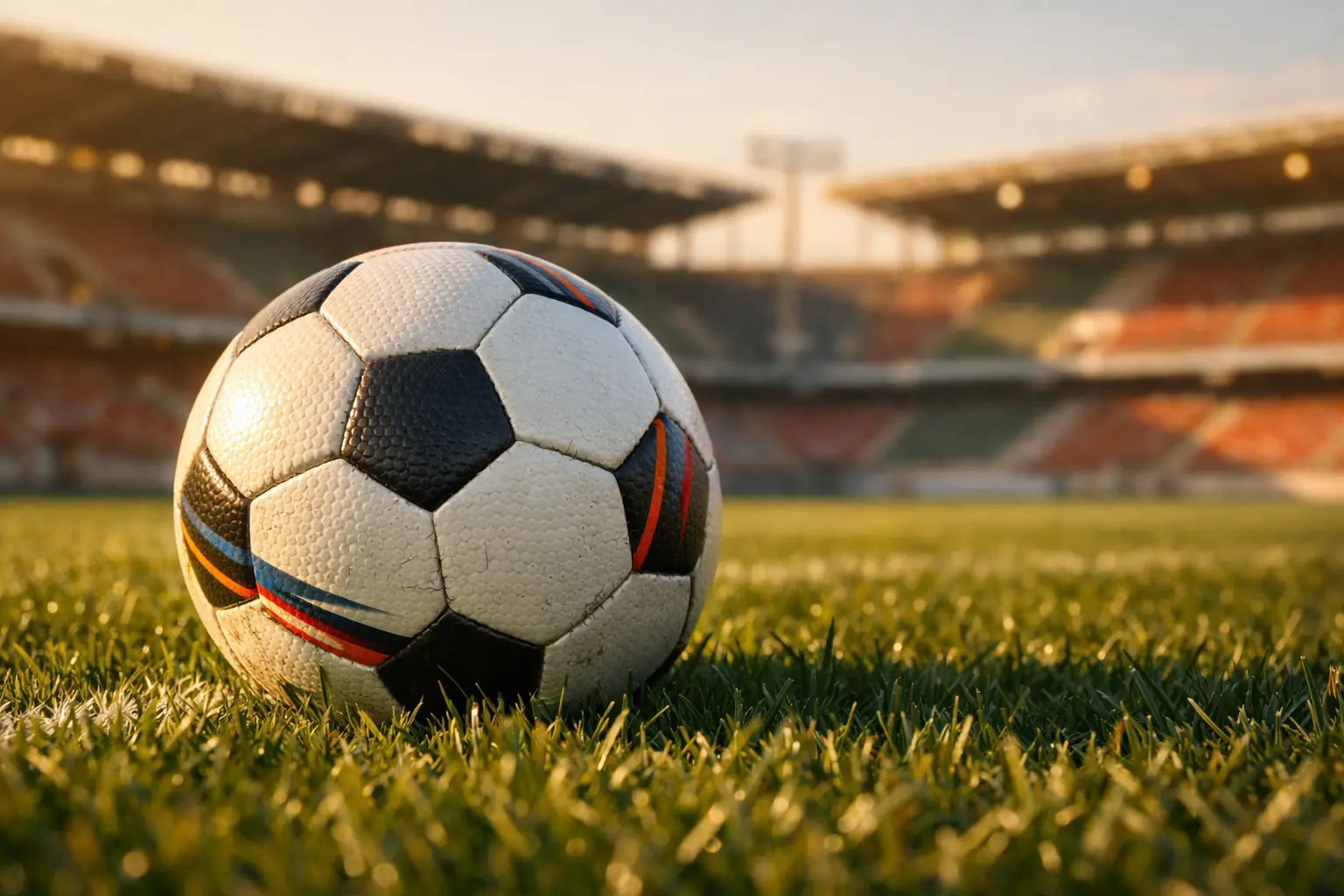 Pallone da calcio su campo verde con sfondo stadio