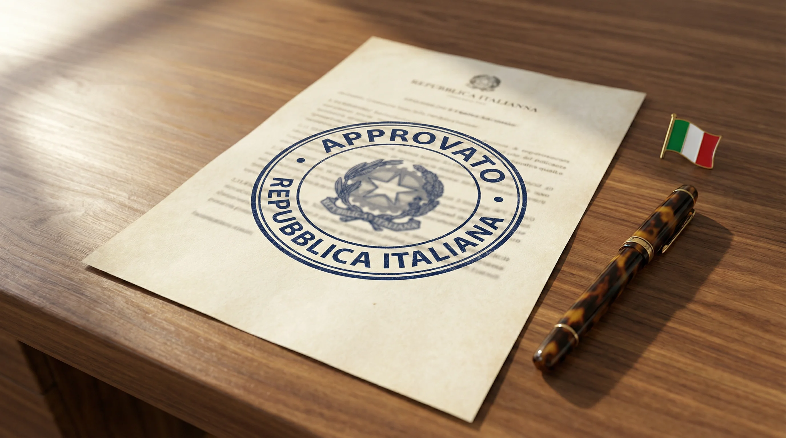 Documento ufficiale con timbro di approvazione su una scrivania in legno