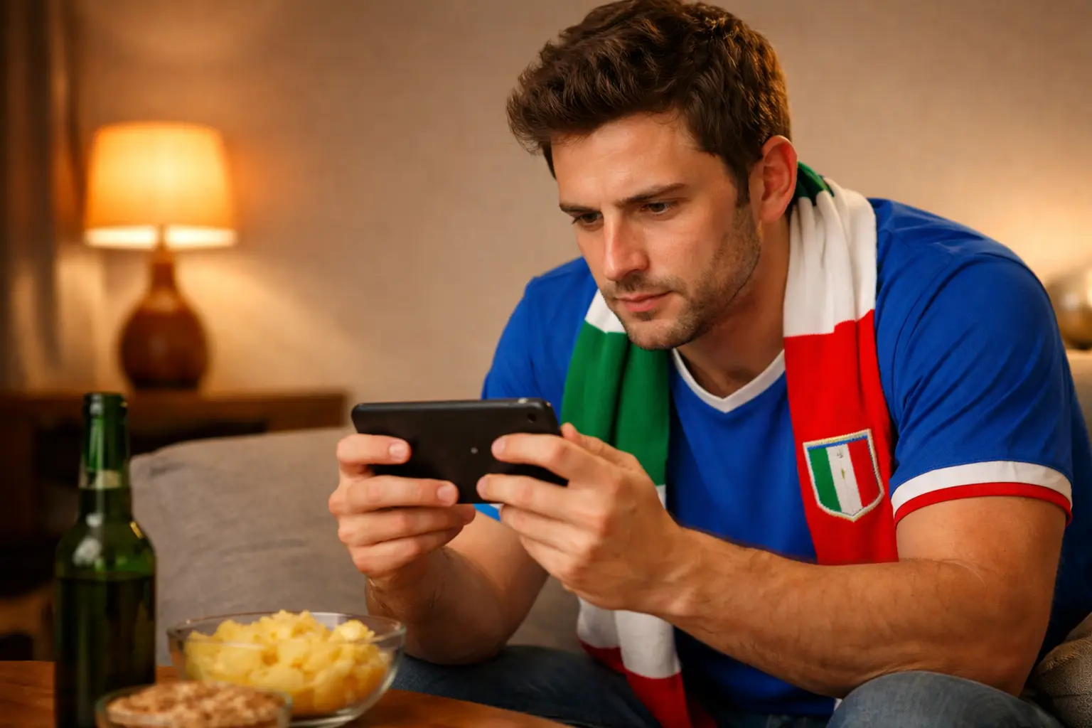 Tifoso che guarda partita di calcio in streaming su smartphone