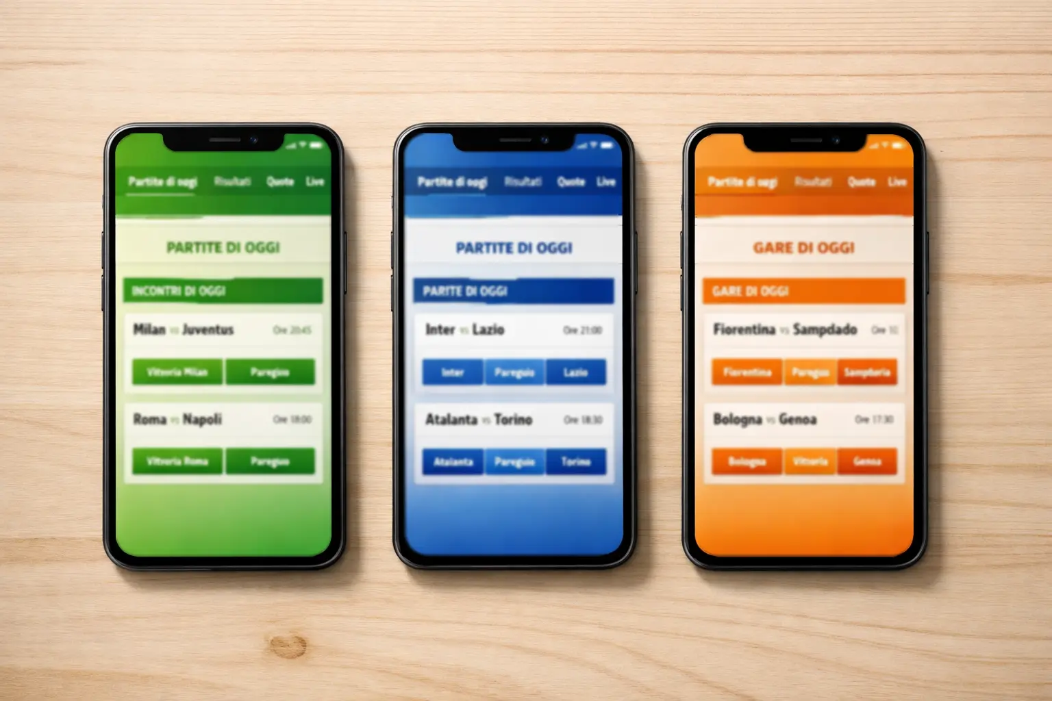 Diversi smartphone che mostrano le interfacce delle app di scommesse