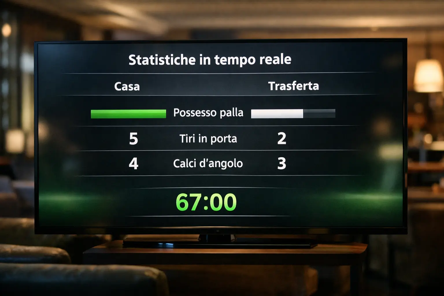 Schermo con statistiche di una partita di calcio in corso