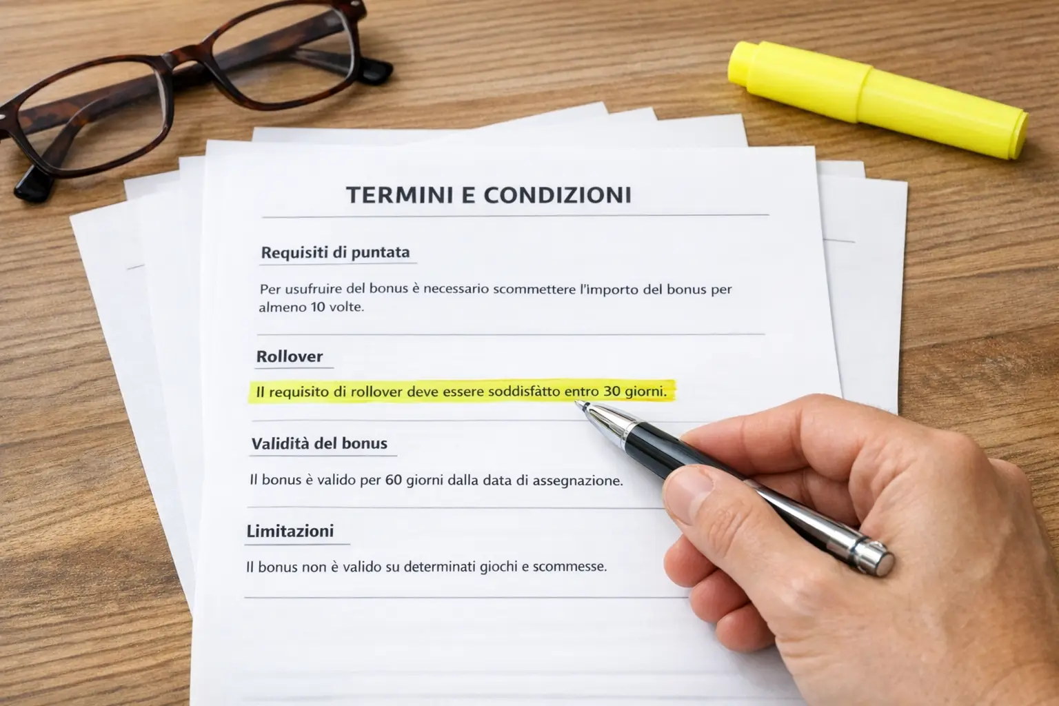 Documento con termini e condizioni evidenziati con penna