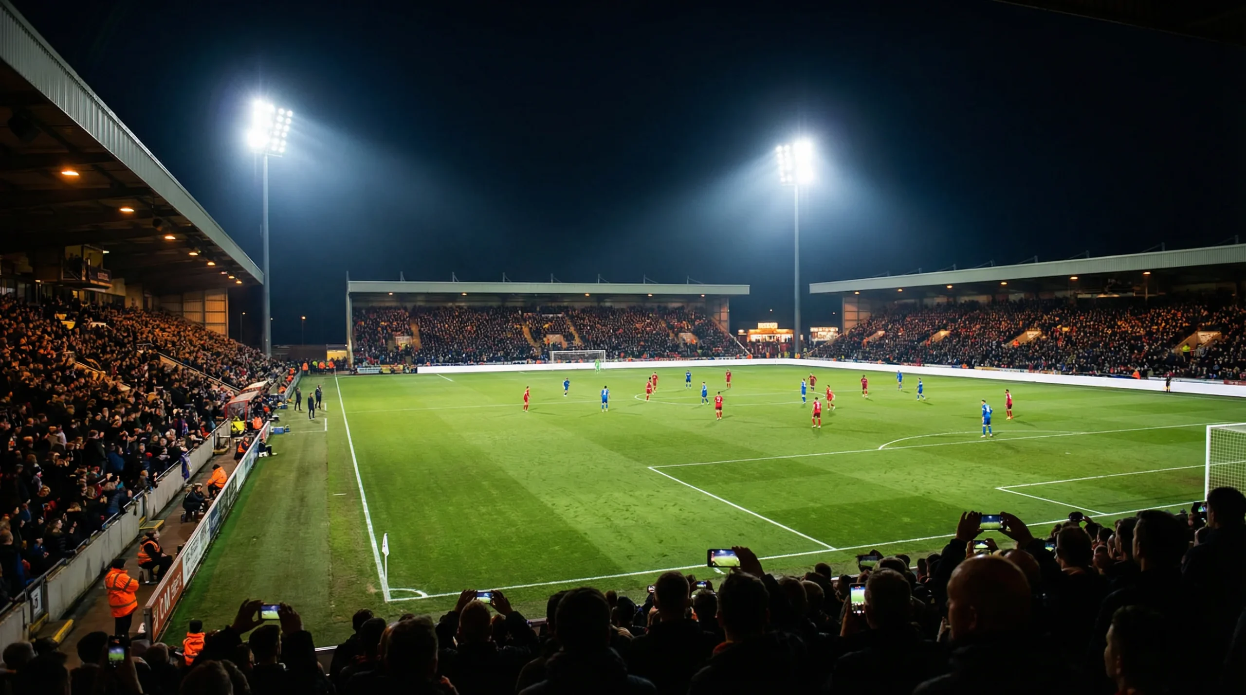 Tifosi allo stadio che guardano una partita di calcio sotto i riflettori serali