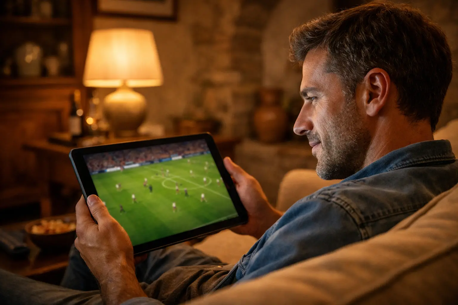Tifoso che guarda partita di calcio su tablet mentre scommette