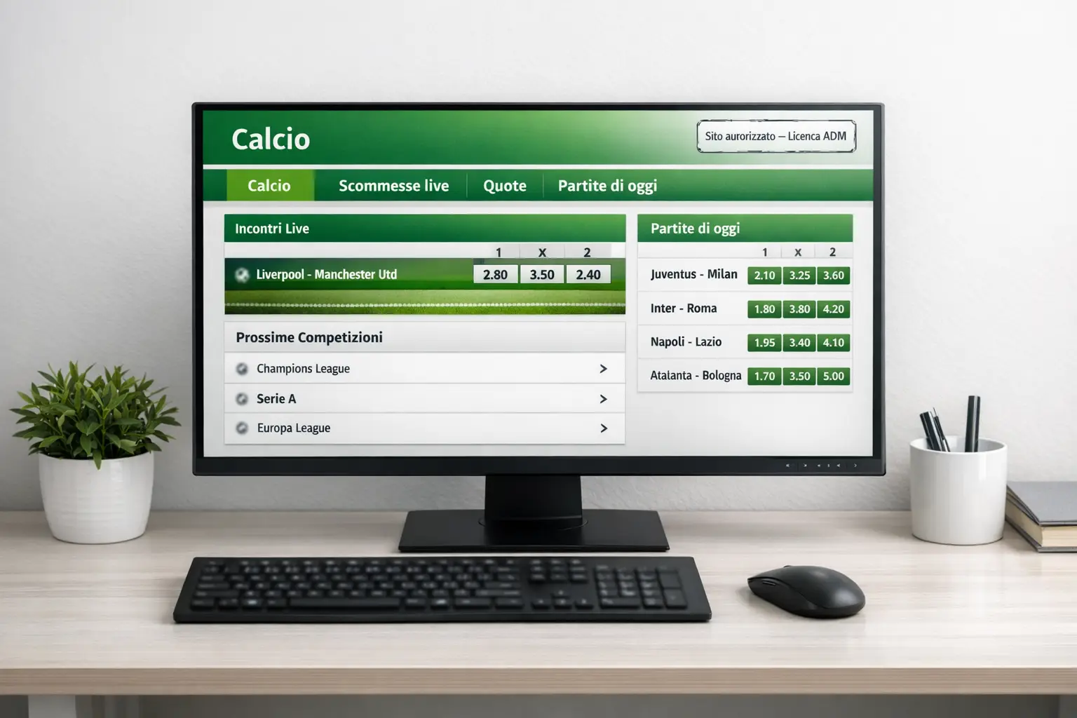 Schermo di computer che mostra un sito di scommesse con logo ADM visibile