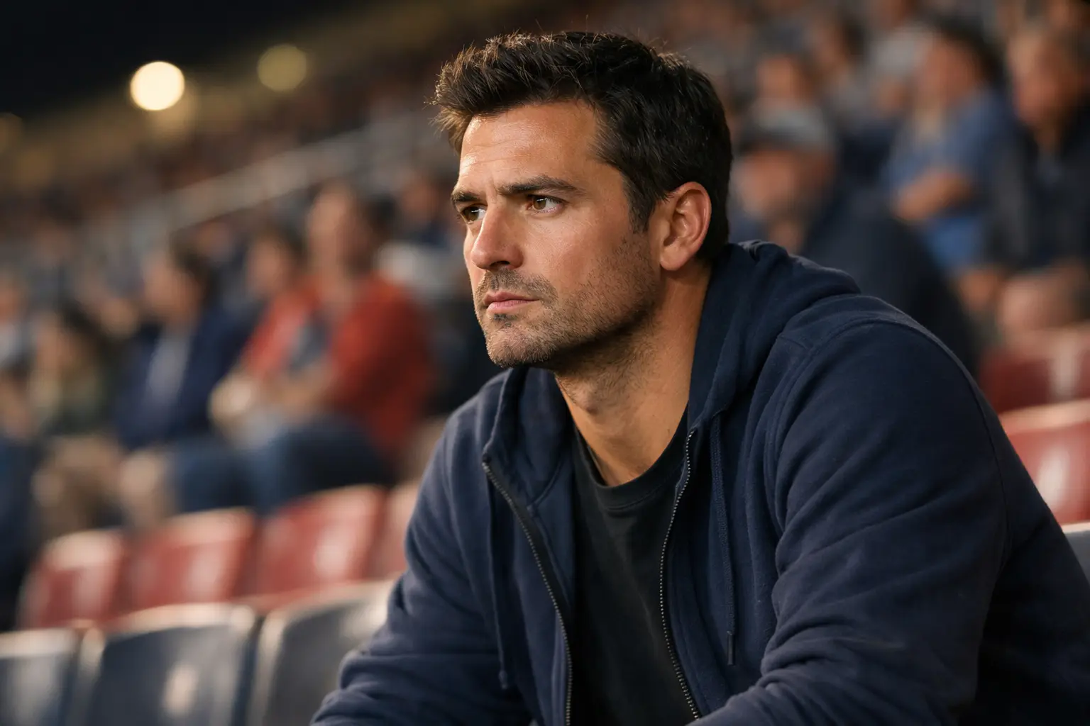 Tifoso che guarda partita allo stadio con espressione concentrata