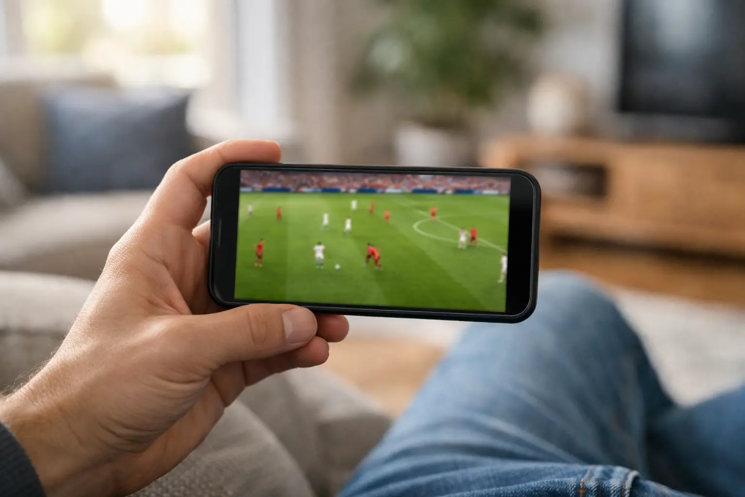 Smartphone che mostra una partita di calcio in streaming